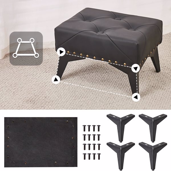 Small Footstool Ottoman, Leather Riveted Soft Footrest Ottoman with Iron Legs, Sofa Footrest Extra Seating for Living Room Entryway Bedroom Black