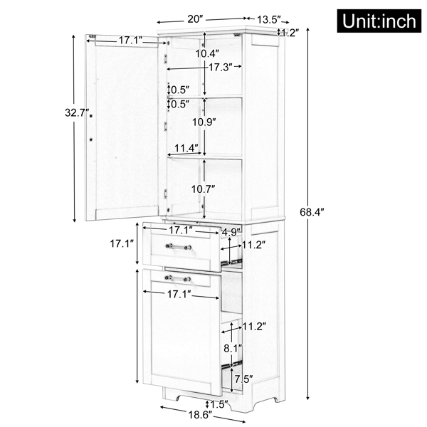 Tall Bathroom Storage Cabinet, Freestanding Storage Cabinet with Two Different Size Drawers and Adjustable Shelf, MDF Board with Painted Finish, White