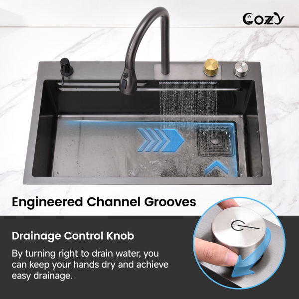 瀑布厨房水槽，黑色不锈钢单碗，带飞雨水龙头和砧板的多功能工作站，30×22英寸【周末不发货，TK/TEMU订单仅支持自提】-8