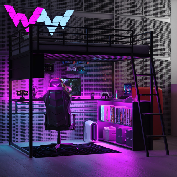 Full Size Metal Loft Bed with LED, Desk and 4 Storage Shelves, Black