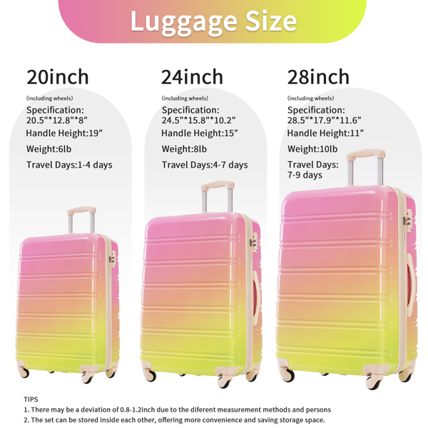 Hardshell Luggage Sets 3 Piece Gradient Color Expandable Suitcase with Spinner Wheels and TSA Lock Lightweight 20" 24" 28" Available,Pink+Green