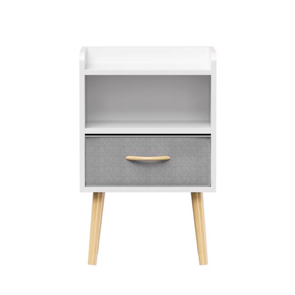 Nightstand With Collapsible Fabric Drawer, 2-Tier Storage End Table, Wood Side Table with Storage Cabinet for Kids, Adults - White