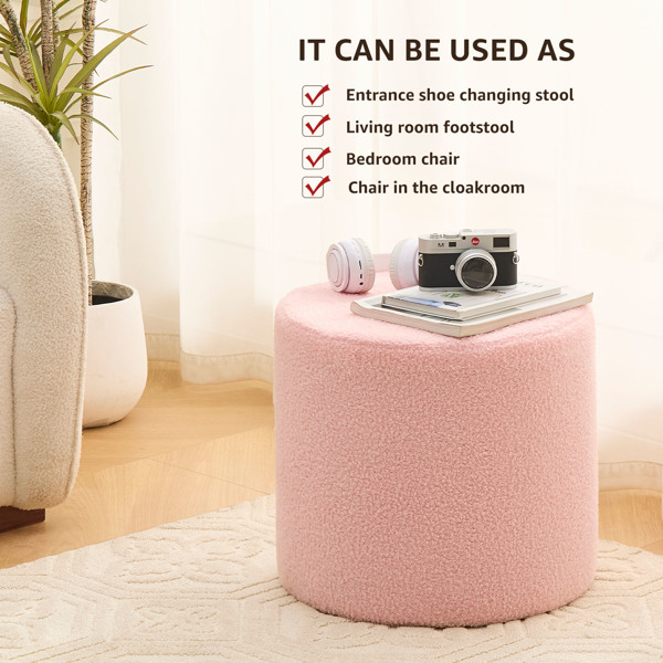 Round Teddy Fleece Ottoman with Soft Padded Seat, Multi-Functional Footrest, Vanity Chairs for Makeup, Upholstered Foot Stool Extra Seating for Living Room, Bedroom(Pink, 15 * 15 * 17.7inch)