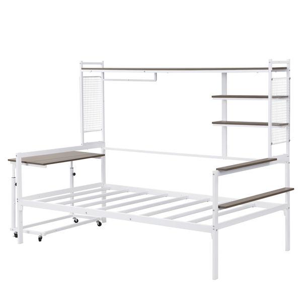 Twin size Metal Daybed with Movable Desk, Metal Grid, Shelves and Clothes Hanger, White