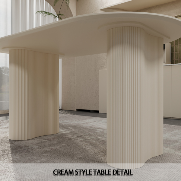 63 "Modern Fashion MDF New Cream Style Dining Table and Irregular Side Table, 4-8 Person Dining Table, Thick Engineering Wood Round Wave Table Legs, Home Kitchen Thick Elegant Cream White Table Top 