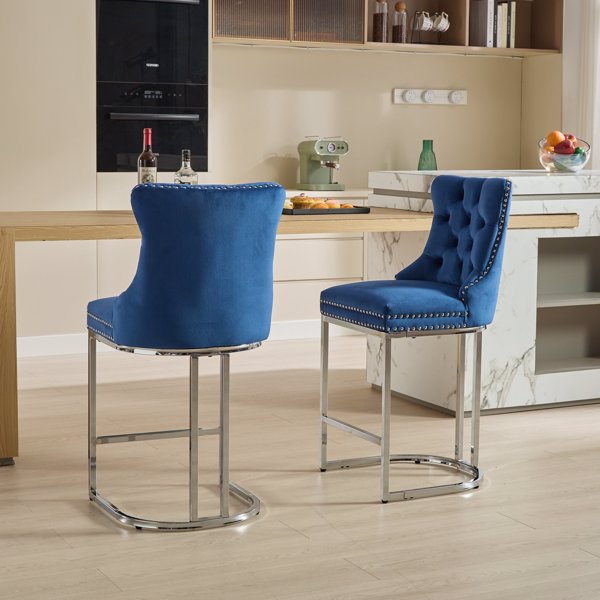 25" Counter Height Bar Stools Set of 2, Modern Velvet Barstools with Button Back&Rivet Trim Upholstered Kitchen Island Chairs with Sturdy Chromed Metal Base Legs Farmhouse Bar Stools, (Blue,2 Pack)