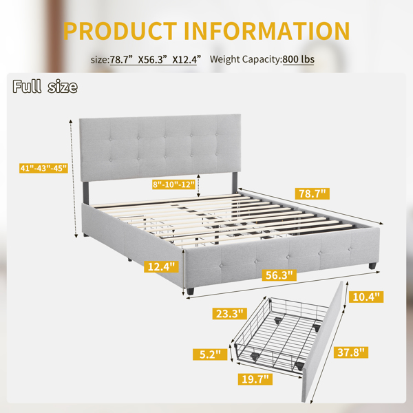 Upholstered Full Platform Storage Bed Frame with 4 Drawers, Adjustable Headboard with Button Tufted Design, Wooden Slat Support, No Box Spring Needed, Light Grey