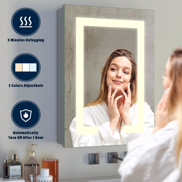 LED Bathroom Wall Medicine Cabinet Mirror 20"×28" with Storage Recessed or Surface Dimmable 3 Colors Temperature Anti-Fog Adjustable Shelf 2 Sockets 2 USB Interfaces[Unable to ship on weekends]