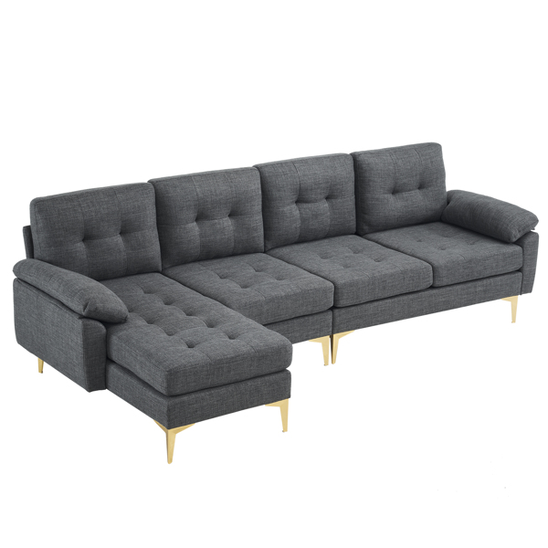 L-Shaped Sectional Sofa Couch for Living Room, Modern 4-Seater Tufted Linen Lounge Sleeper with Chaise, Dark Grey