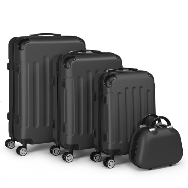 FCH Corner-Protected Four-Piece Set ABS Luggage 20in, 24in, 28in + 12in Handbag with ABS Material and Steel Telescopic Handle in Classic Black