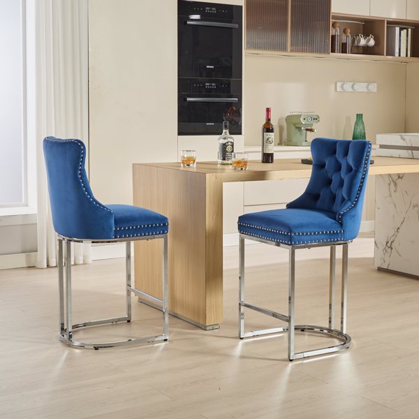 25" Counter Height Bar Stools Set of 2, Modern Velvet Barstools with Button Back&Rivet Trim Upholstered Kitchen Island Chairs with Sturdy Chromed Metal Base Legs Farmhouse Bar Stools, (Blue,2 Pack)