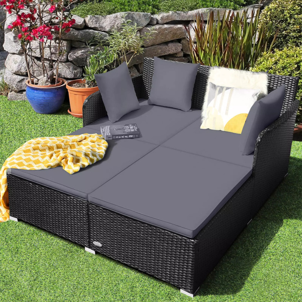 Gray Outdoor Rattan Daybed with Upholstered Cushions