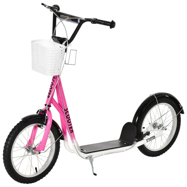 Youth Scooter with Adjustable Handlebars and plastic basket  16" Inflatable Rubber Tires  -Pink