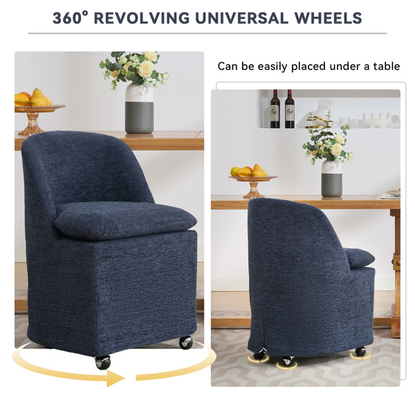 058-Set of 2 Chenille Fabric Dining Chairs With Universal Wheels,Blue