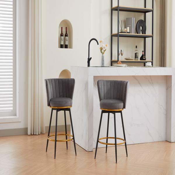 Counter Height Bar Stools Set of 2, 360° Swivel Upholstered Barstools with Backs and Metal Legs, 26" H Seat Height, Velvet Fabric,Goldy Footrest