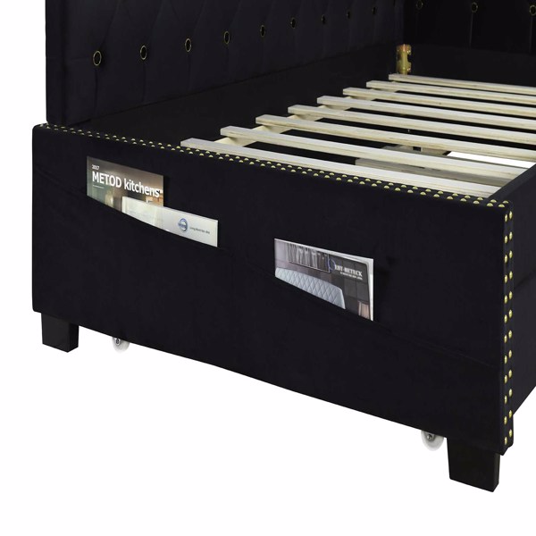 BLACK UPHOLSTERED TWIN SIZE DAYBED BED FRAME (CORNER BED) WITH TRUNDLE, VELVET FABRIC, STUDDING DESIGN, NO BOX SPRING REQUIRED, FITS ANY STYLE!