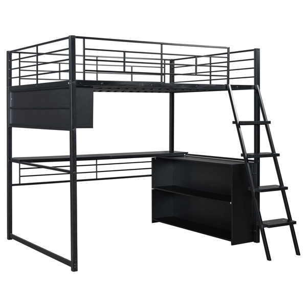 Full Size Metal Loft Bed with LED, Desk and 4 Storage Shelves, Black