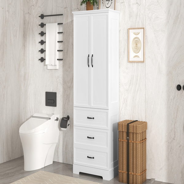 Tall Bathroom Storage Cabinet, Cabinet with Two Doors and Drawers, Adjustable Shelf, MDF Board, White