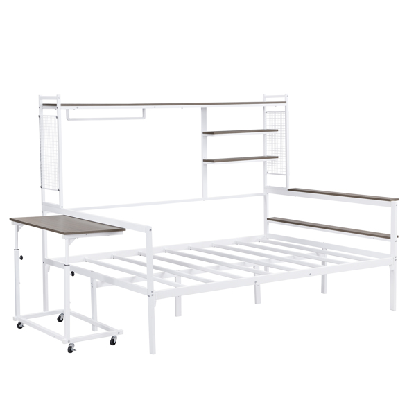 Full size Metal Daybed with Movable Desk, Metal Grid, Shelves and Clothes Hanger, White