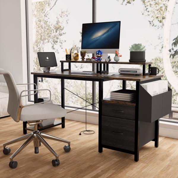 47.27"office desk with power outlet, 2 Monitor Stands and USB Ports,Gaming Desk with Storage Shelves,2 Fabric Drawers, Large Side Pocket,and hooks for Home Office Study, Rustic Brown