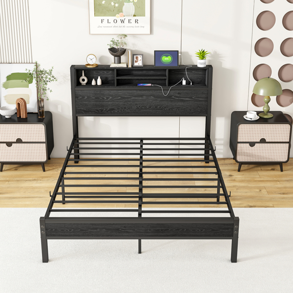 Full Size Bed Frame with Storage Headboard, Metal Platform Bed with Charging Station,  Bookcase Storage, No Box Spring Needed, Easy Assembly, Noise-Free, Black