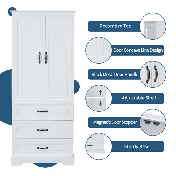 Tall Bathroom Storage Cabinet, Cabinet with Two Doors and Drawers, Adjustable Shelf, MDF Board, White