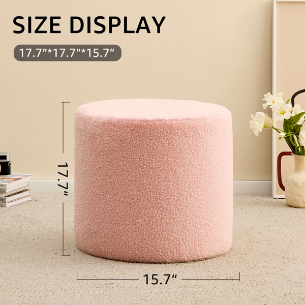 Round Teddy Fleece Ottoman with Soft Padded Seat, Multi-Functional Footrest, Vanity Chairs for Makeup, Upholstered Foot Stool Extra Seating for Living Room, Bedroom(Pink, 15 * 15 * 17.7inch)