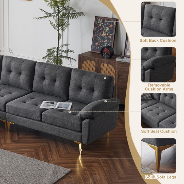 L-Shaped Sectional Sofa Couch for Living Room, Modern 4-Seater Tufted Linen Lounge Sleeper with Chaise, Dark Grey