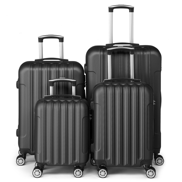 FCH Four-Piece Set Vertical Stripe ABS Luggage 16in, 20in, 24in, 28in with ABS Material and Steel Telescopic Handle in Classic Black