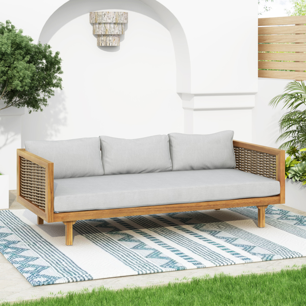 3 SEATER DAYBED WITH RATTAN ARMS (LIGHT GREY CUSHION)