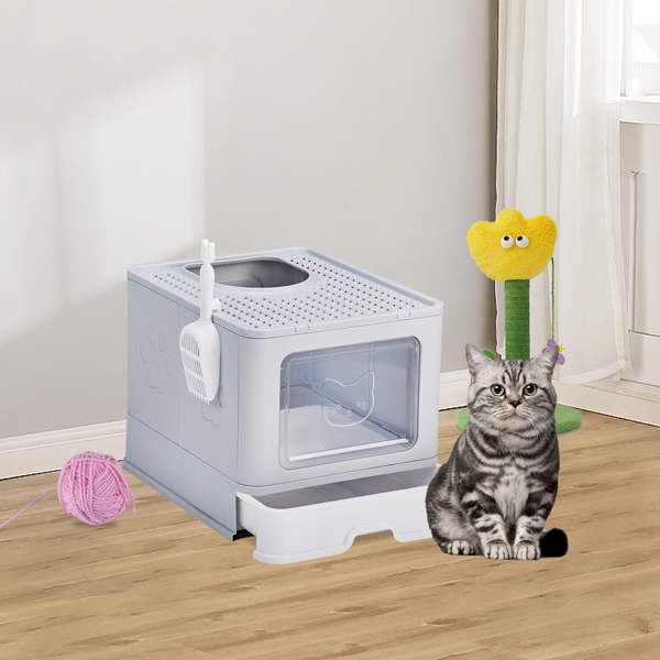 Large Enclosed Cat Litter Box with Lid Cover, Detachable Cat Toilet with Litter Scoop & Slide Out Tray, Front Entry Top Exit Door, Easy to Clean, Gray