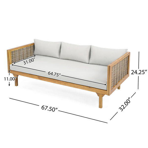 3 SEATER DAYBED WITH RATTAN ARMS (LIGHT GREY CUSHION)