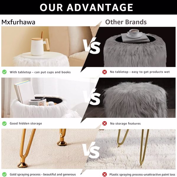 Faux Fur Storage Ottoman Round Furry Vanity Stool Marble Grain Tray Coffee Table Compact Footrest Stool with 4 Metal Legs Soft Makeup Seat Foot Stools for Living Room Bedroom Entryway Grey