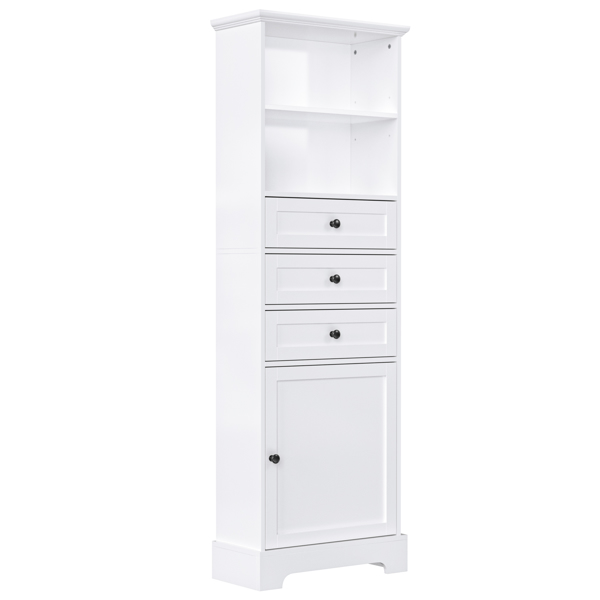 White Tall Storage Cabinet with 3 Drawers and Adjustable Shelves for Bathroom, Study, Office and Interior, MDF Board with Painted Finish