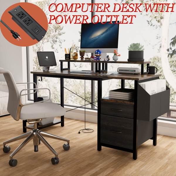 47.27"office desk with power outlet, 2 Monitor Stands and USB Ports,Gaming Desk with Storage Shelves,2 Fabric Drawers, Large Side Pocket,and hooks for Home Office Study, Rustic Brown