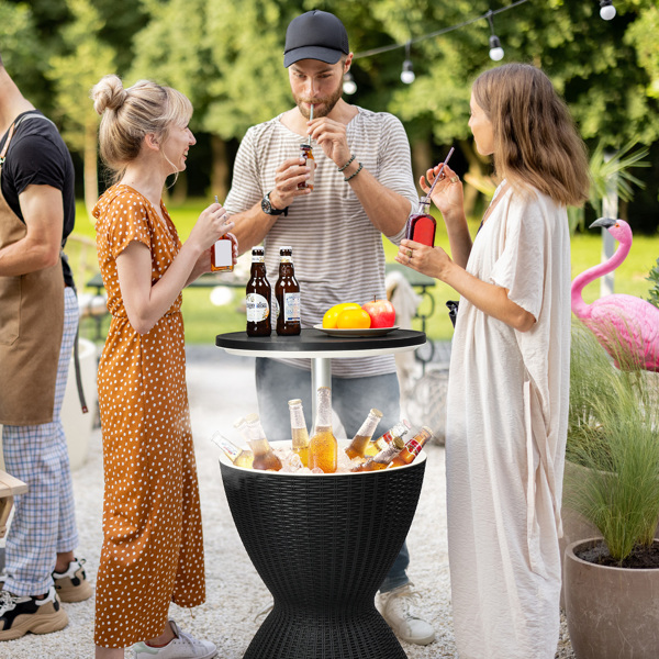 Outdoor Cooler Table, Height-Adjustable Outdoor Cool Bar w/ 8 Gallon Beer and Wine Cooler, All-Weather Resistant Patio Cooler Ice Cool Bar for Deck Pool Party (Black)