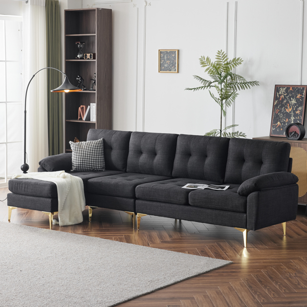 L-Shaped Sectional Sofa Couch for Living Room, Modern 4-Seater Tufted Linen Lounge Sleeper with Chaise, Black