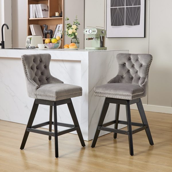 Swivel Velvet Barstools with Button Tufted Decoration and Wooden Legs, and Chrome Nailhead Trim, Leisure Style Bar Chairs,Bar stools, Set of 2 (Gray)