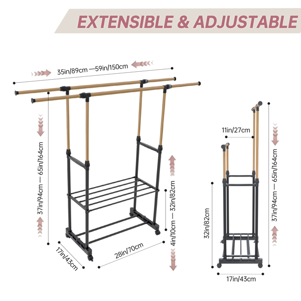 1pc, with wheels independent clothes rack , laundry drying rack, foldable and adjustable length, saving space indoor and outdoor clothes drying rack