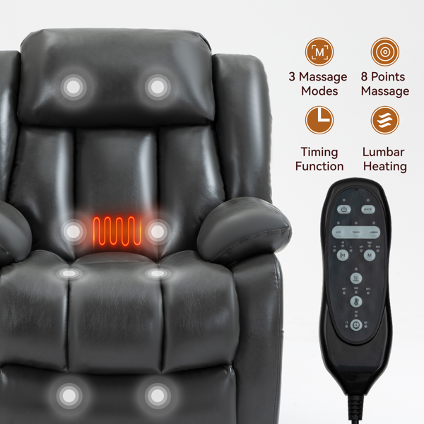 Dual Motor Infinite Position Up to 350 LBS Electric Medium size Leatheraire Grey Power Lift Recliner Chair with 8-Point Vibration Massage and Lumbar Heating