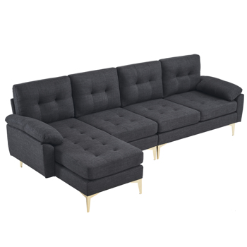 L-Shaped Sectional Sofa Couch for Living Room, Modern 4-Seater Tufted Linen Lounge Sleeper with Chaise, Black