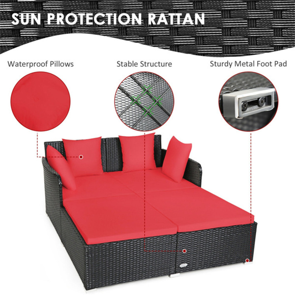 Red Outdoor Rattan Daybed with Upholstered Cushions