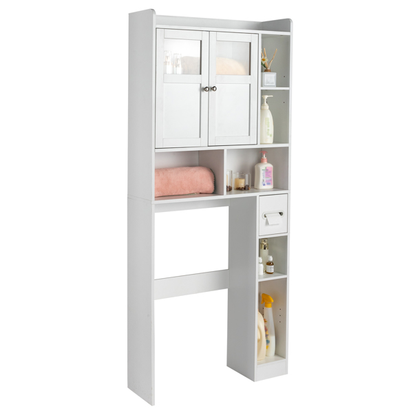 Double-Door Bathroom Cabinet with 2, Adjustable Panels, 1 Drawer and 3 Side Shelves, White 