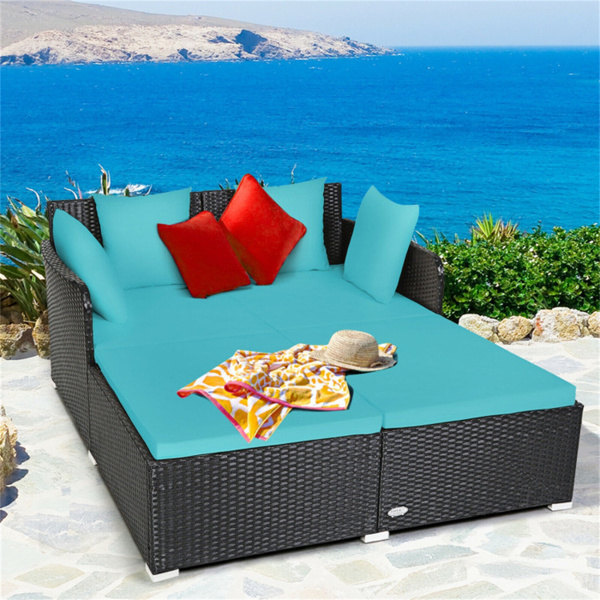 Turquoise Outdoor Rattan Daybed with Upholstered Cushions