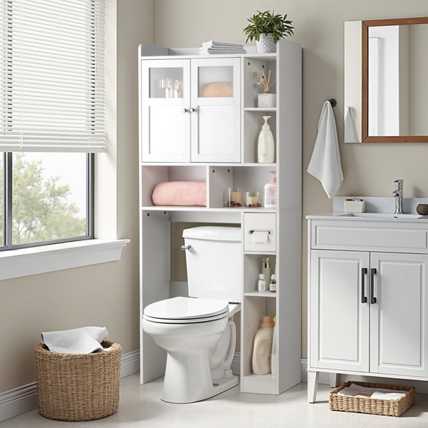 Double-Door Bathroom Cabinet with 2, Adjustable Panels, 1 Drawer and 3 Side Shelves, White 