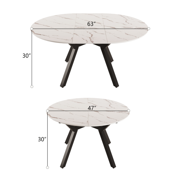 47-63 " extendable white circular dining table, 4-6 person kitchen dining table, modern coffee table with MDF tabletop and metal legs, suitable for kitchen&home 