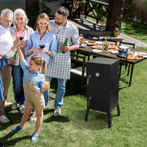 Outdoor Smoker with Double Doors, 2 Detachable Grill Netting Smoking Racks, Charcoal Pan & Water Pan, 4 Air Vents, Thermometer, Vertical Charcoal Smoker for Barbecue Camping Backyard Grill