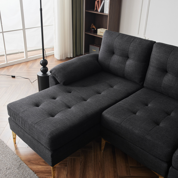 L-Shaped Sectional Sofa Couch for Living Room, Modern 4-Seater Tufted Linen Lounge Sleeper with Chaise, Black