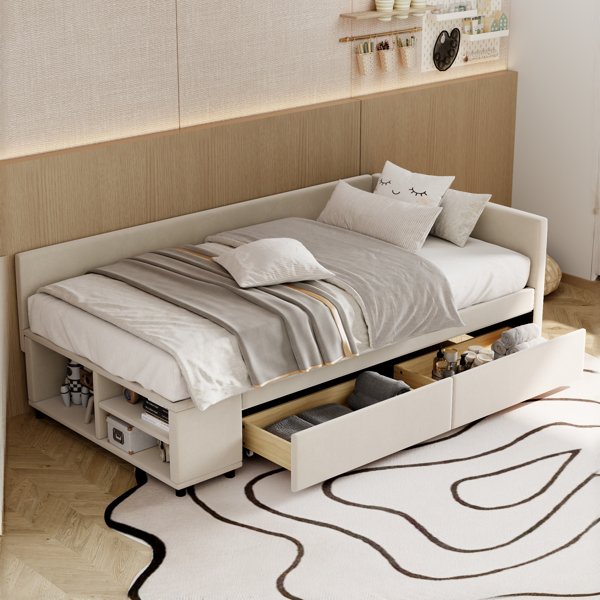 Twin size L-Shaped Upholstered Platform Bed with Storage and Drawers, Beige