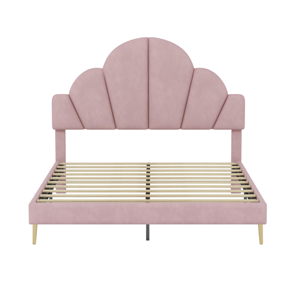 Queen Size Upholstered Bed Frame with Elegant Design, Modern Velvet Platform Bed with Petal Shape Headboard,Pink